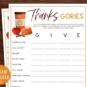 Thanksgiving Scattegories Game | Thanks-Gories Game | Thanksgiving Printable Games | Fun Thanksgiving Day Game | Friendsgiving Games