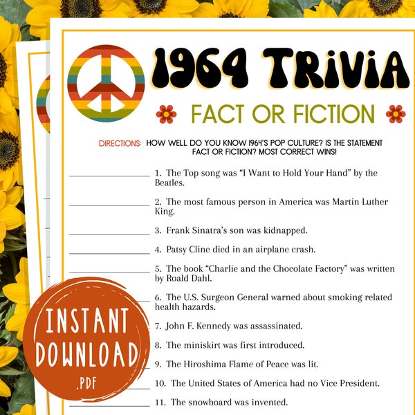 1964 Trivia | 60s Pop Culture Trivia | Fact or Fiction | 60th Birthday | Back to the 60s Party Games | Married in 1964 Anniversary | Sixties