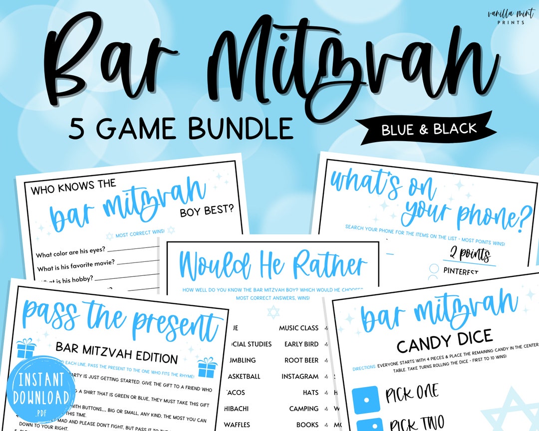Bar Mitzvah Games 5 Game BUNDLE Birthday Party Games Mazel Tov Jewish