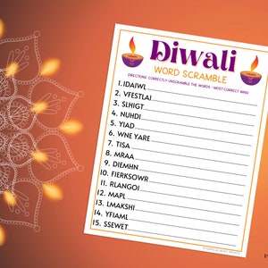 Diwali Word Scramble Game Printable Festival of Lights Party Games ...