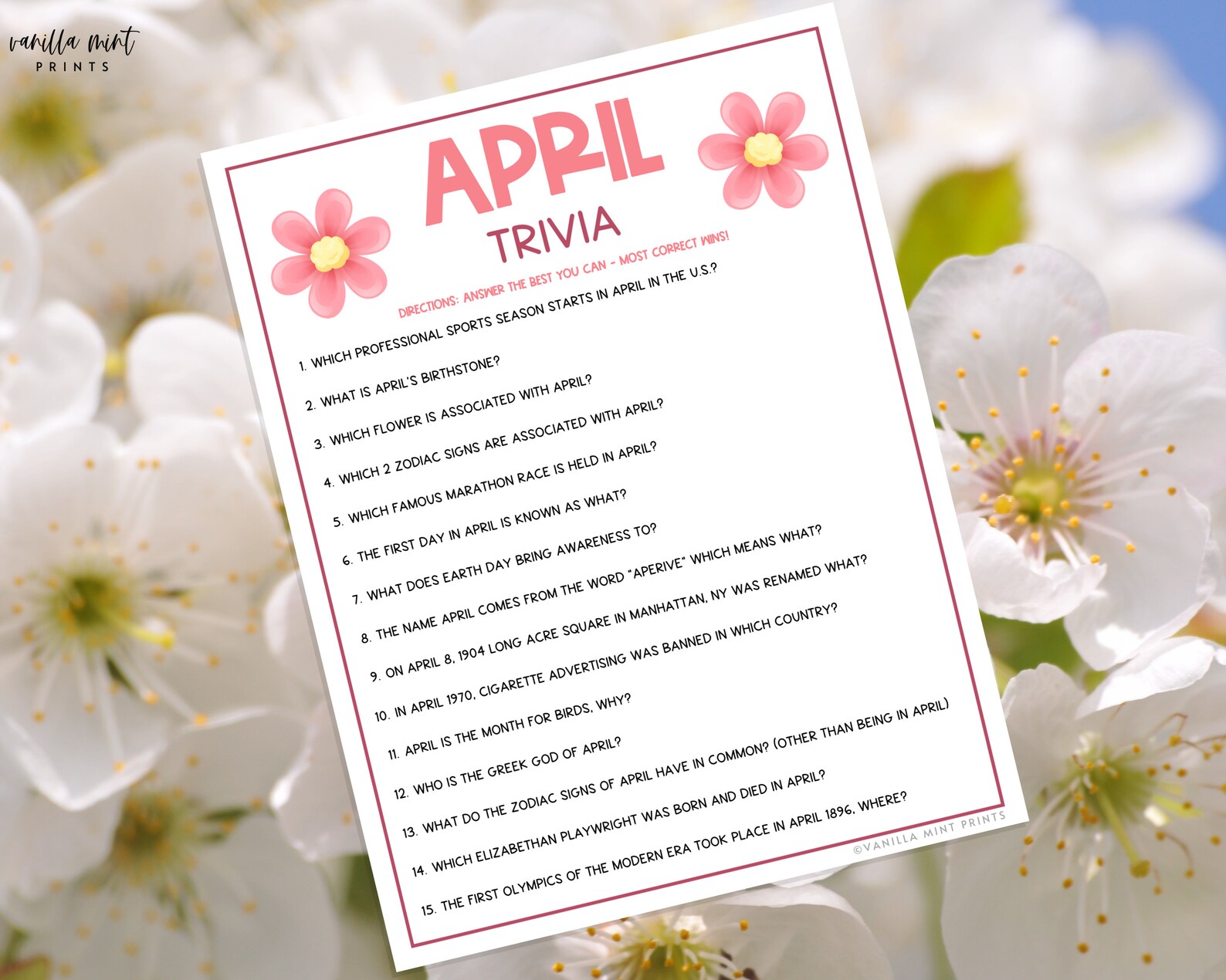 April Trivia Game Printable Month Party Games Springtime - Etsy