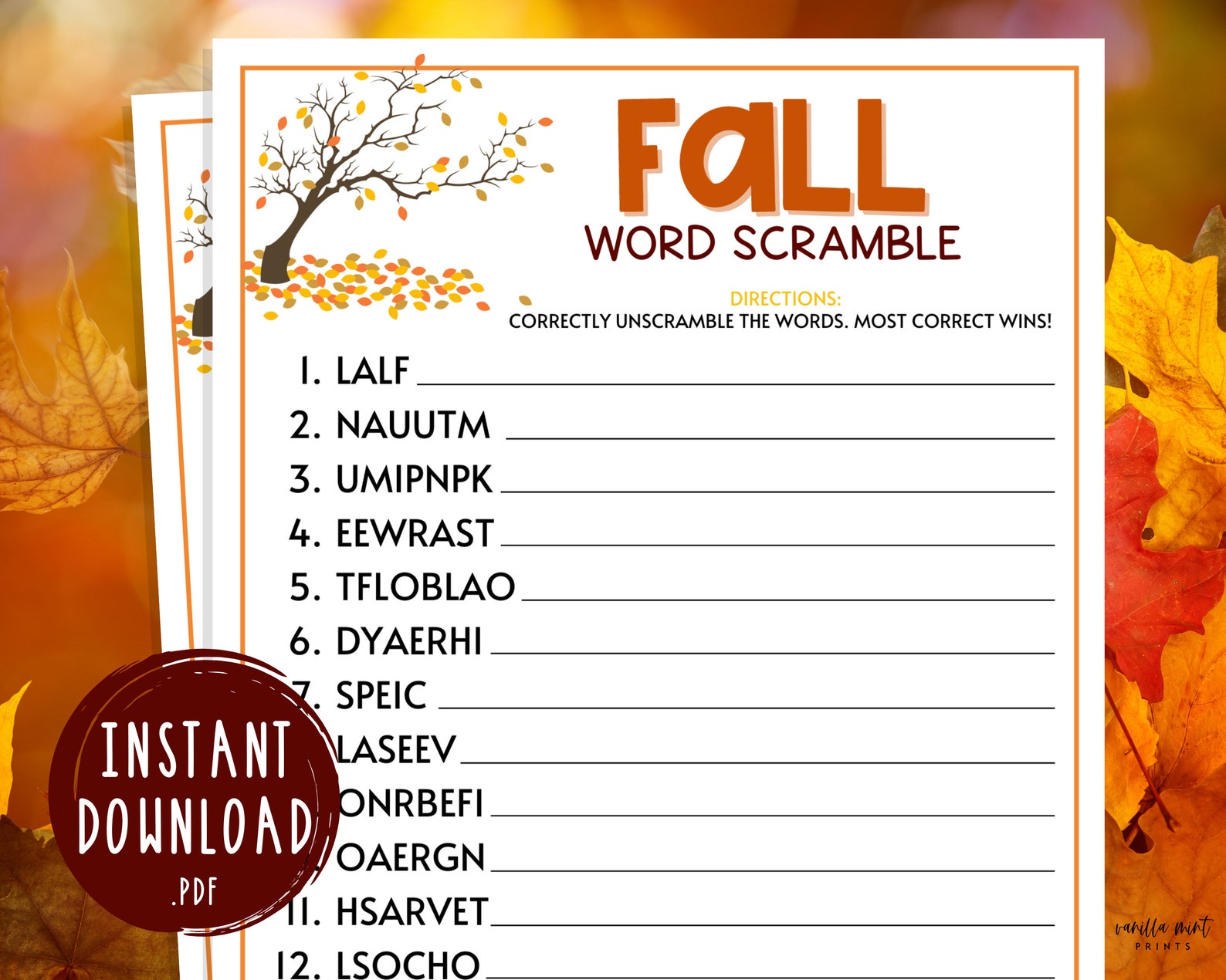 Fall Word Scramble Game Printable Autumn Games Fall Time Etsy