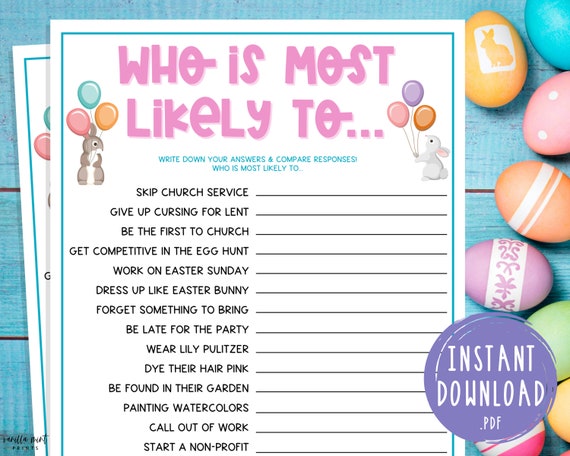 Easter Who is Most Likely to Game Printable Easter Games Party Games Easter Activities for Adults Kids Funny Family Game Spring Etsy Canada