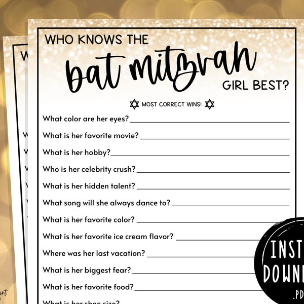 Bat Mitzvah Games | Who Knows the Bat Mitzvah Girl Best | Birthday Party Games | Mazel Tov | Jewish Bat Mitzvah Activities | Gold & Black