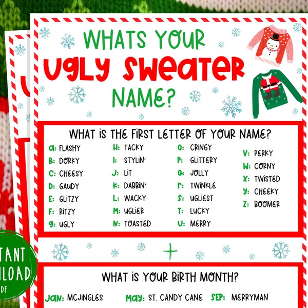 Whats Your Ugly Sweater Name Game | Find Someone Who Christmas Printable Games | Christmas Party Games | Holiday | Ugly Sweater Party Game