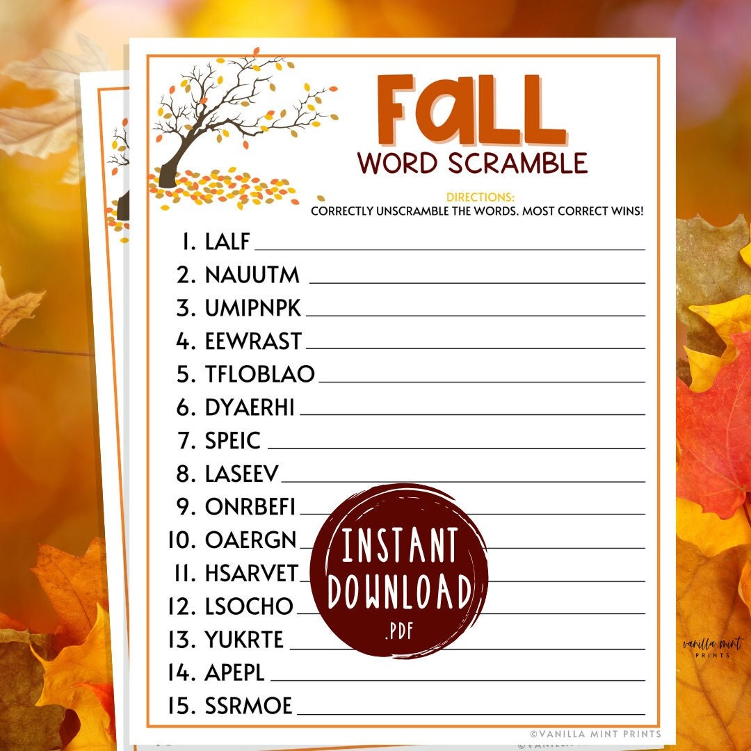 Fall Word Scramble Game Printable Autumn Games Fall Time Activities for