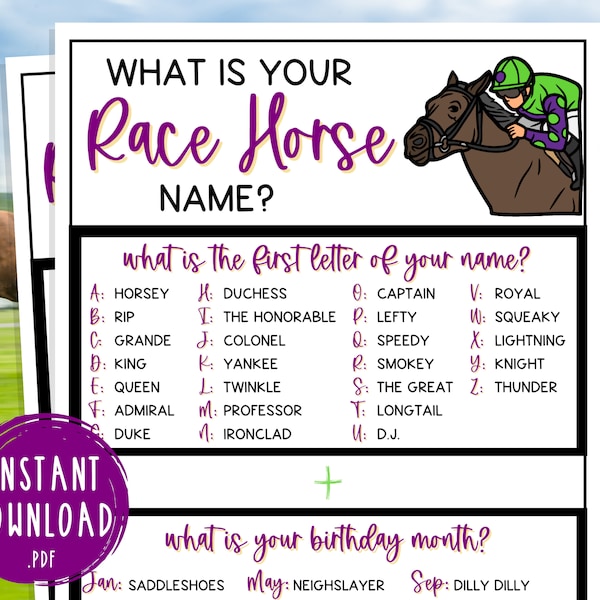 Whats Your Race Horse Name Game | Triple Crown Party Game | Horse Race | Kentucky Derby | Preakness | Belmont | Fun Activity for Adult & Kid