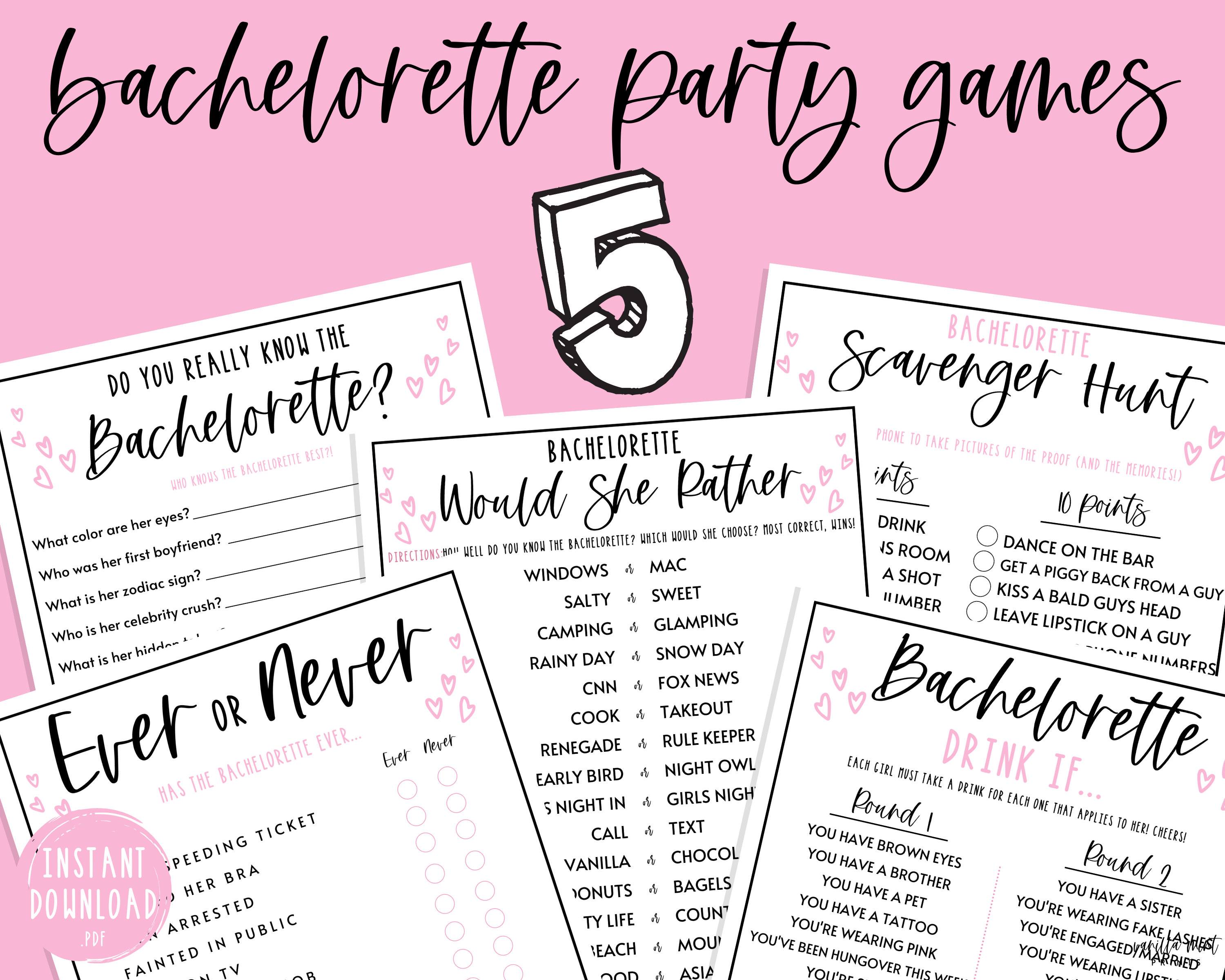 Bachelorette Party Games BUNDLE | 5 Bachelorette Party Games Pack | Fun