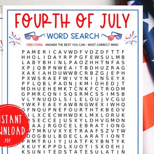 Fourth of July Word Search Game | 4th of July Printable Party Games | Independence Day Games | American Summer | USA | Patriotic Games