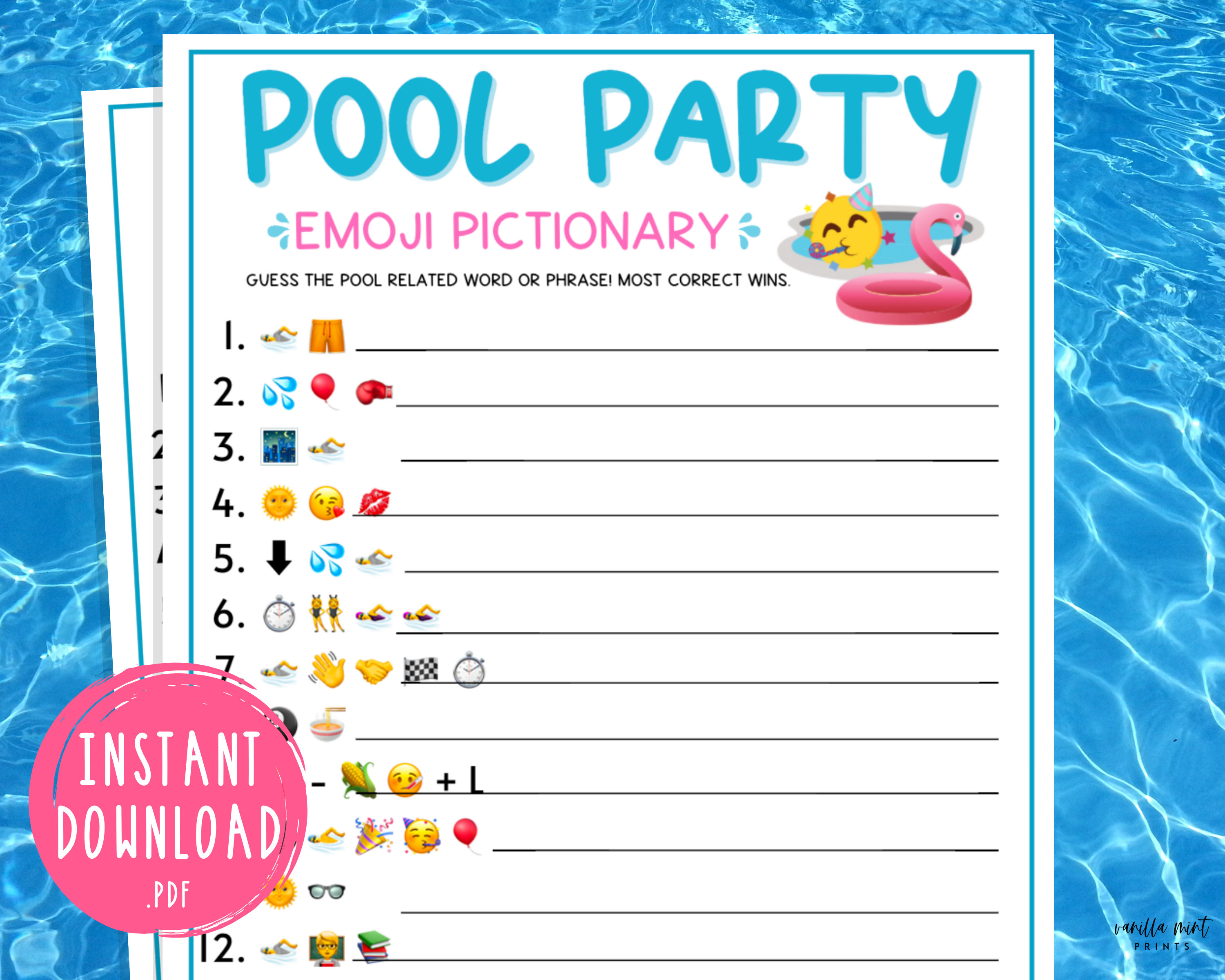 Pool Party Emoji Pictionary Game Fun Printable Summertime Etsy UK