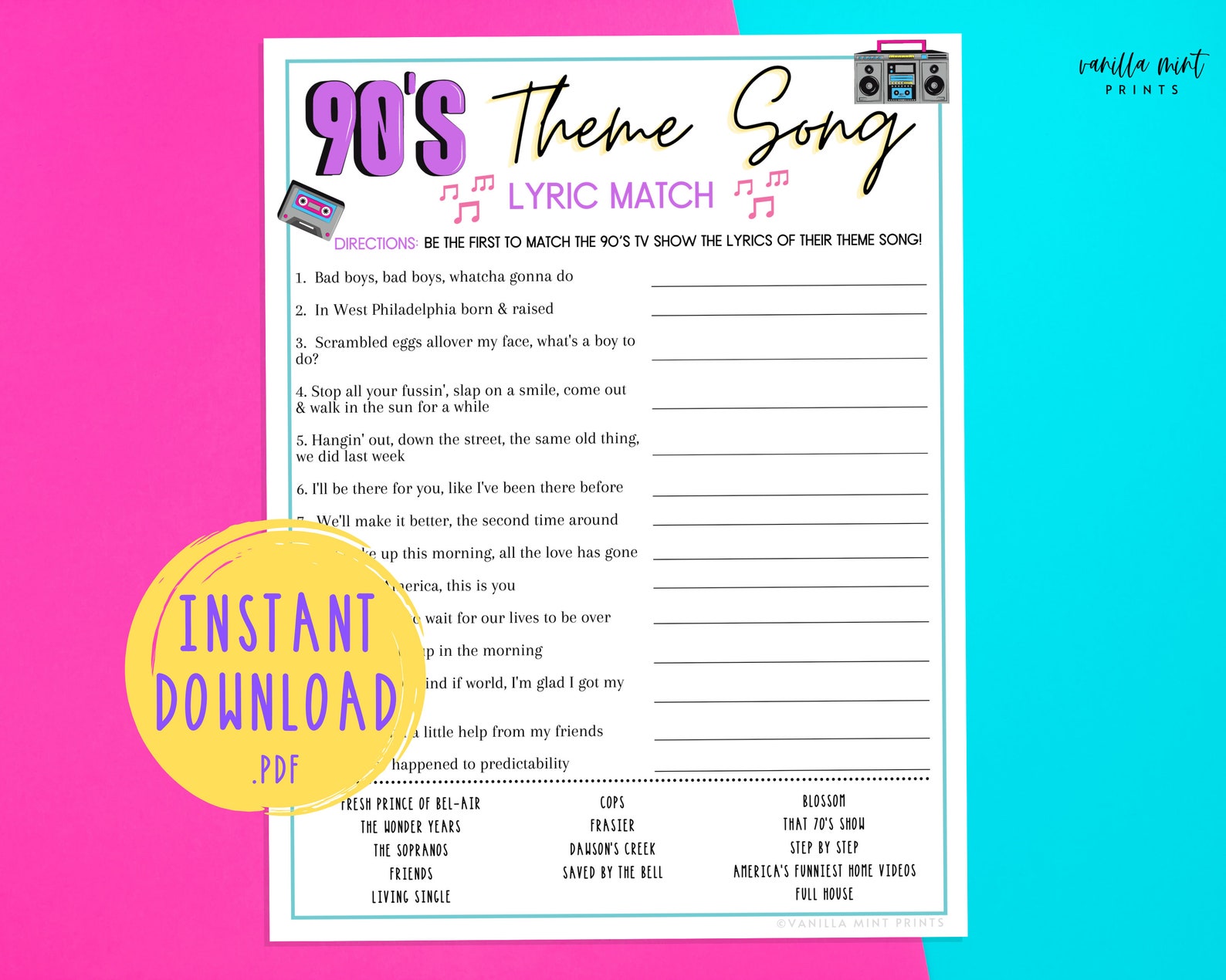 1990's Trivia 90s TV Theme Song Trivia Back to the 90s | Etsy