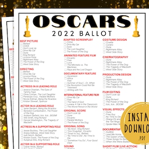 2022 Oscars Ballot | 94th Academy Awards Party Games | Oscars 2022 | Printable Movie Awards Games | Games for Kids and Adults | Winners