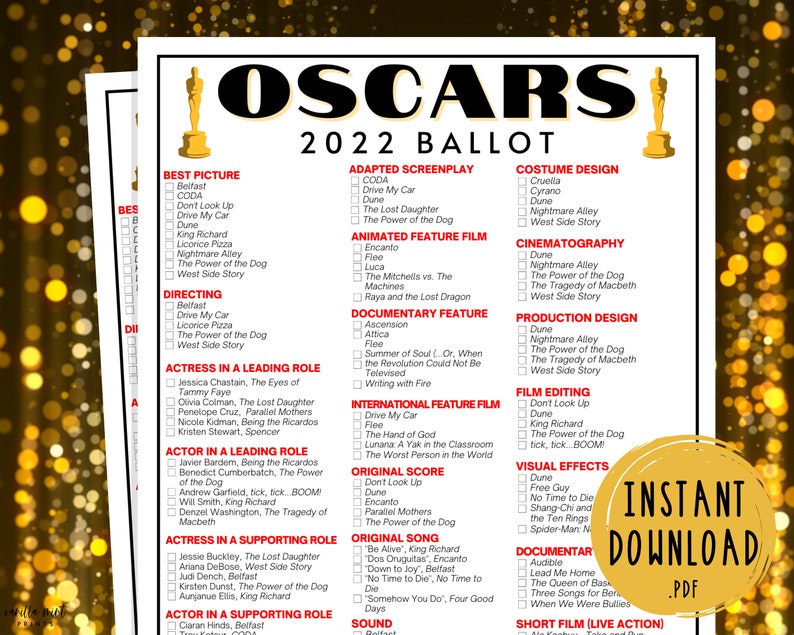 2022 Oscars Ballot 94th Academy Awards Party Games Oscars Etsy