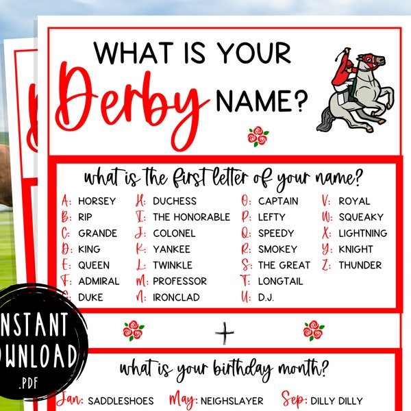Kentucky Derby Whats Your Derby Name Game | Triple Crown Party Game | Horse Race | Printable Games | Fun Activity for Adults & Kids