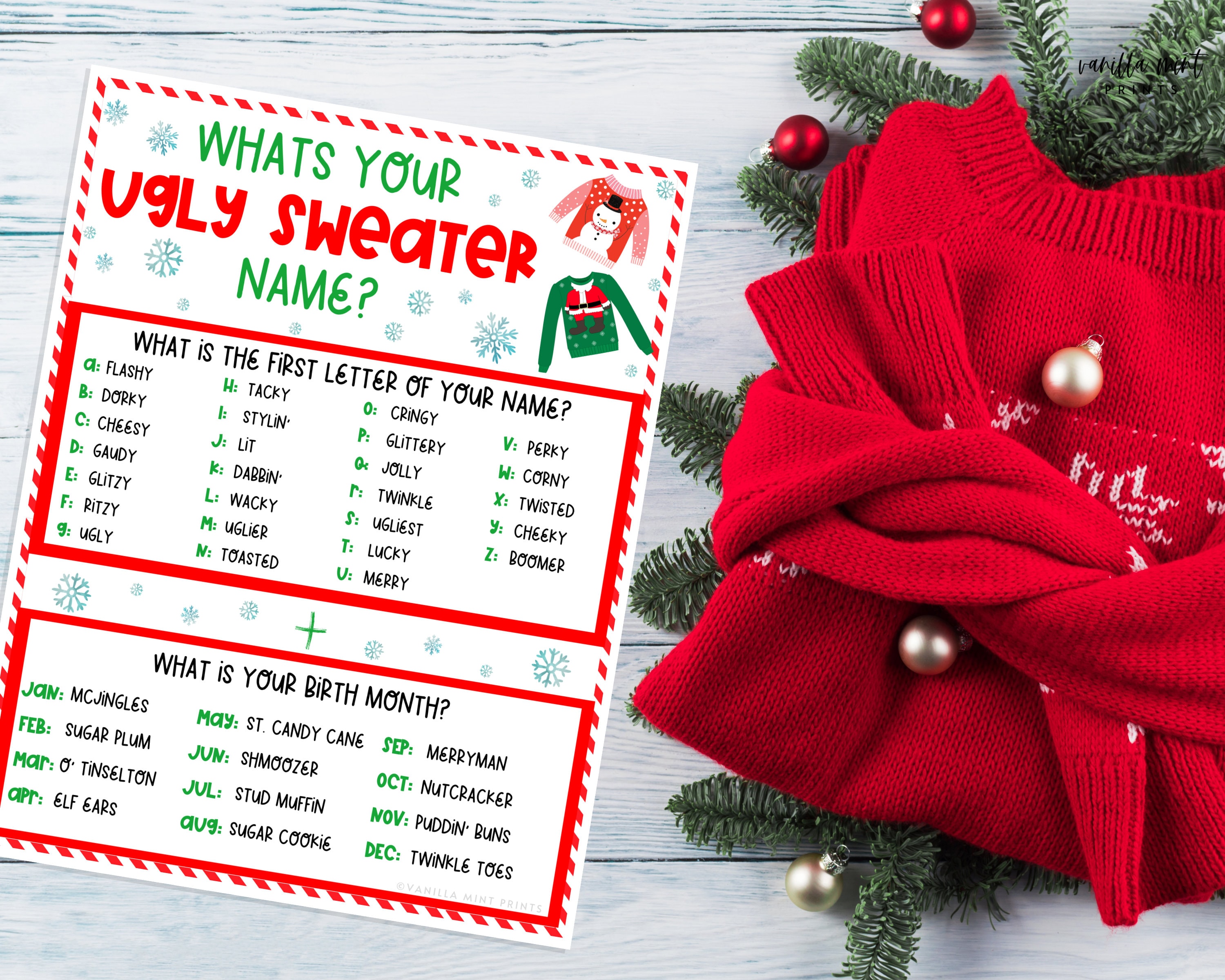 Whats Your Ugly Sweater Name Game Find Someone Who Christmas Etsy