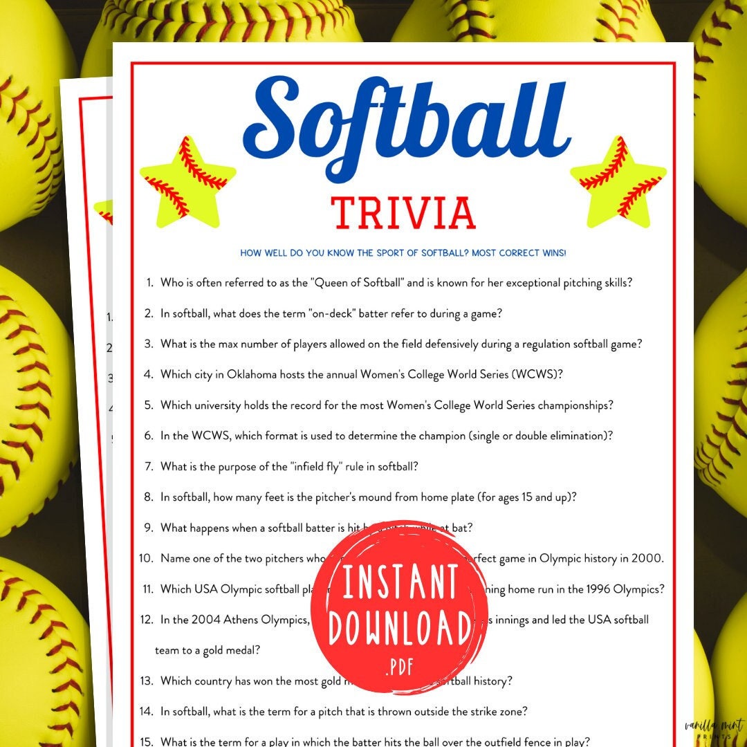 Softball Trivia Game Printable Softball Team Party Game Travel Softball