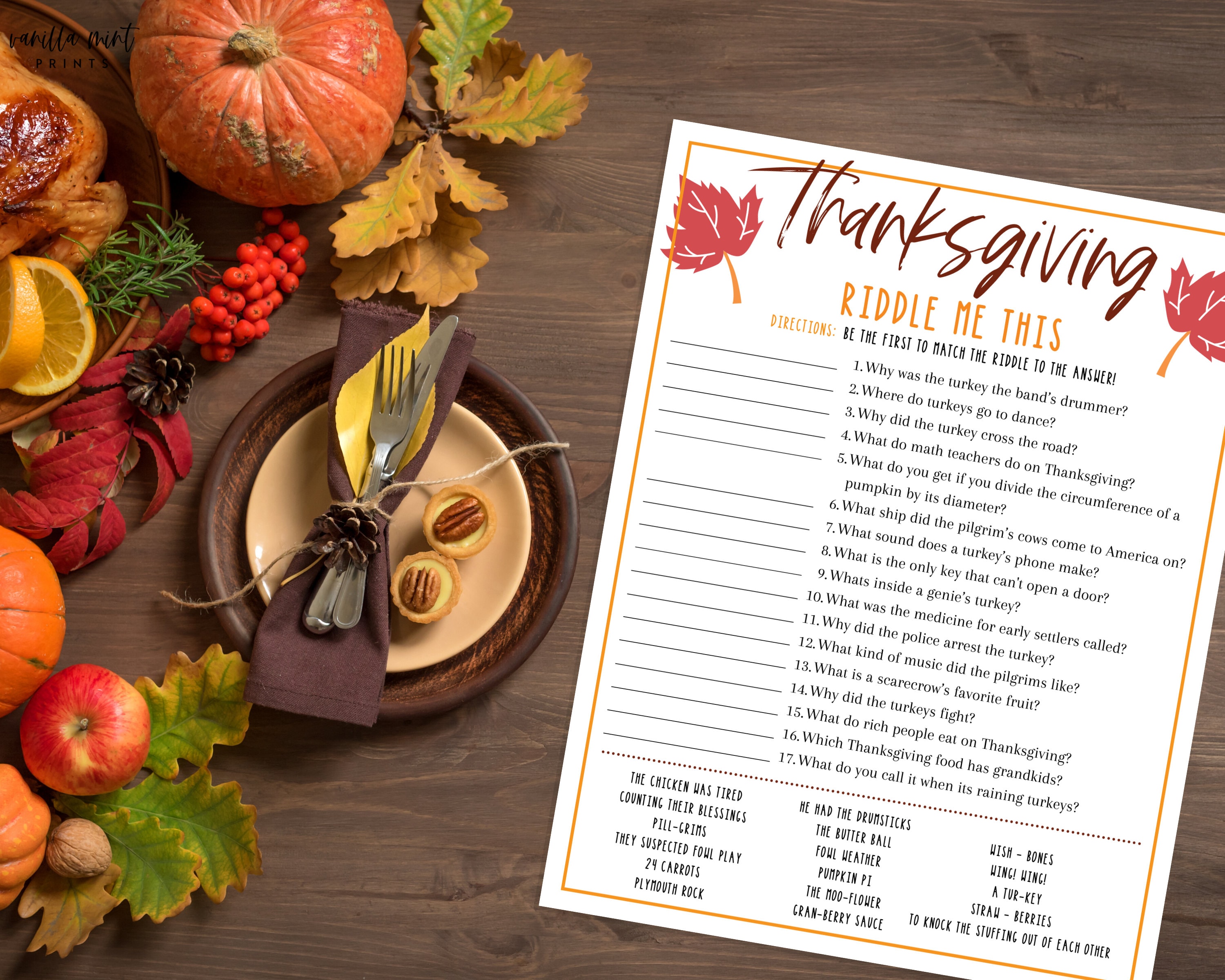 Thanksgiving Riddle Me This Trivia Game Thanksgiving Etsy