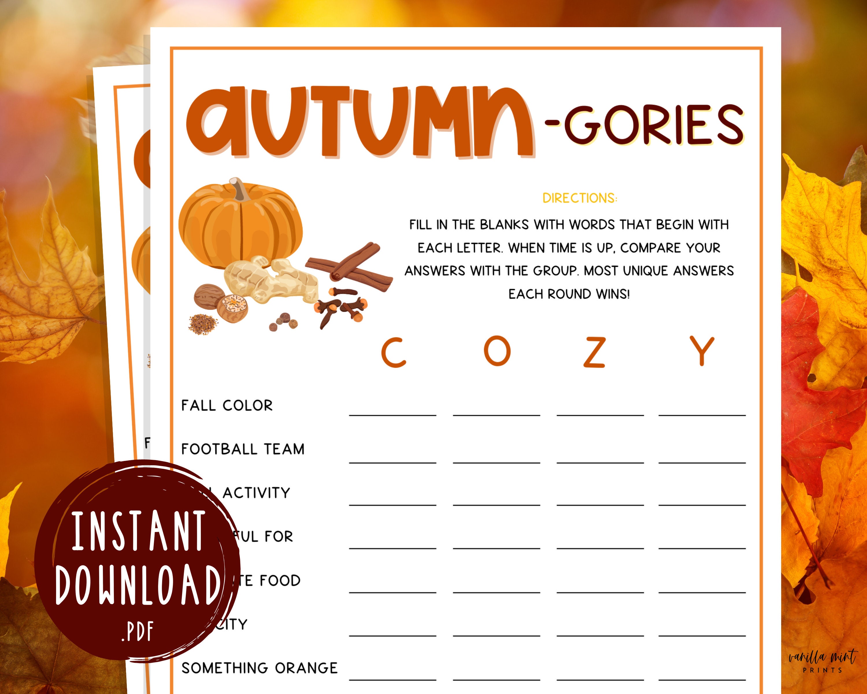 Fall Scattergories Free Printable