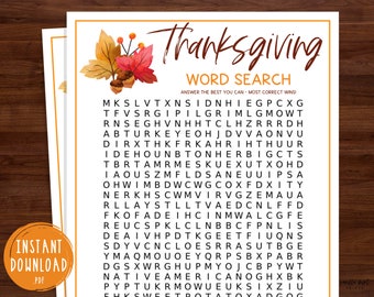 Thanksgiving Word Search Game | Thanksgiving Printable Games | Fun Thanksgiving Day Game | Friendsgiving Games | Thanksgiving Game for Kids