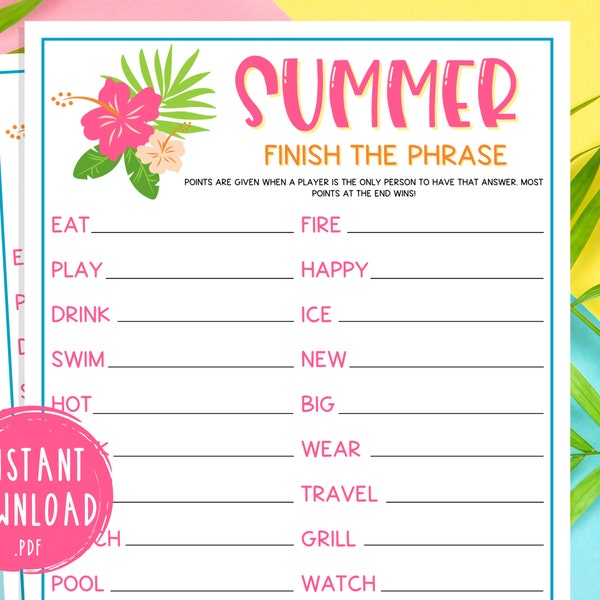 Summer Finish The Phrase Race | Printable Summertime Games | Fun Summer Party Games | Summer Activities for Adults and Kids | Beach | Pool