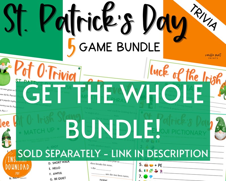 St. Patrick's Day 10 Game BUNDLE Volume 2 Irish Fun St. Patty's Day St. Paddy's St. Pats Printable Party Games for Kids & Adults image 9