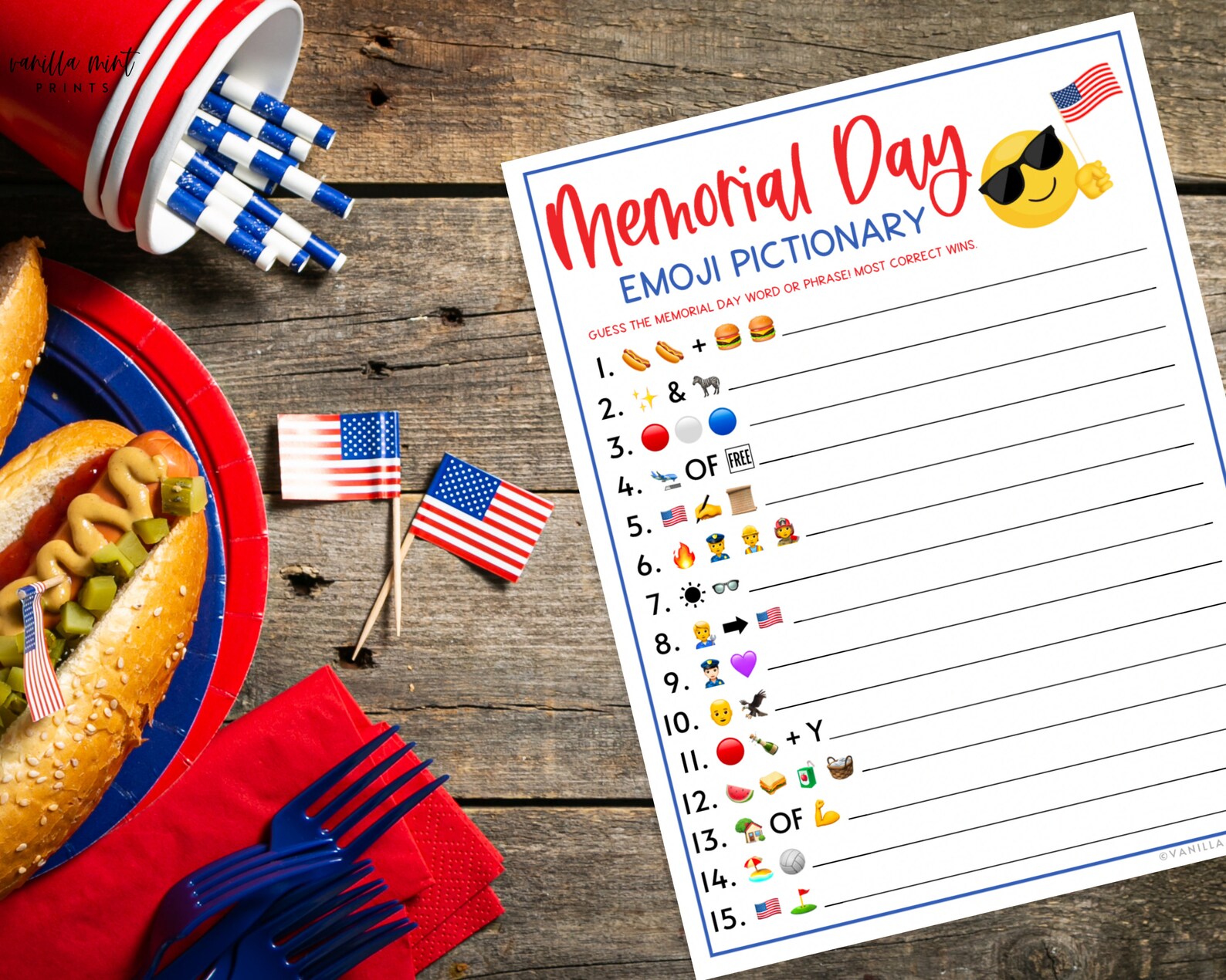 Memorial Day Emoji Pictionary Game Printable Memorial Day Etsy