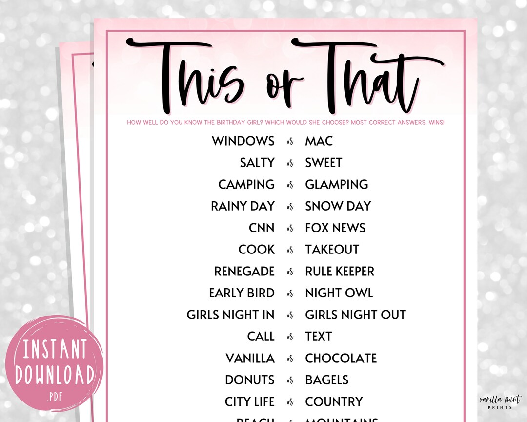 PINK Adult Birthday Party Games Birthday This or That Party Game Fun