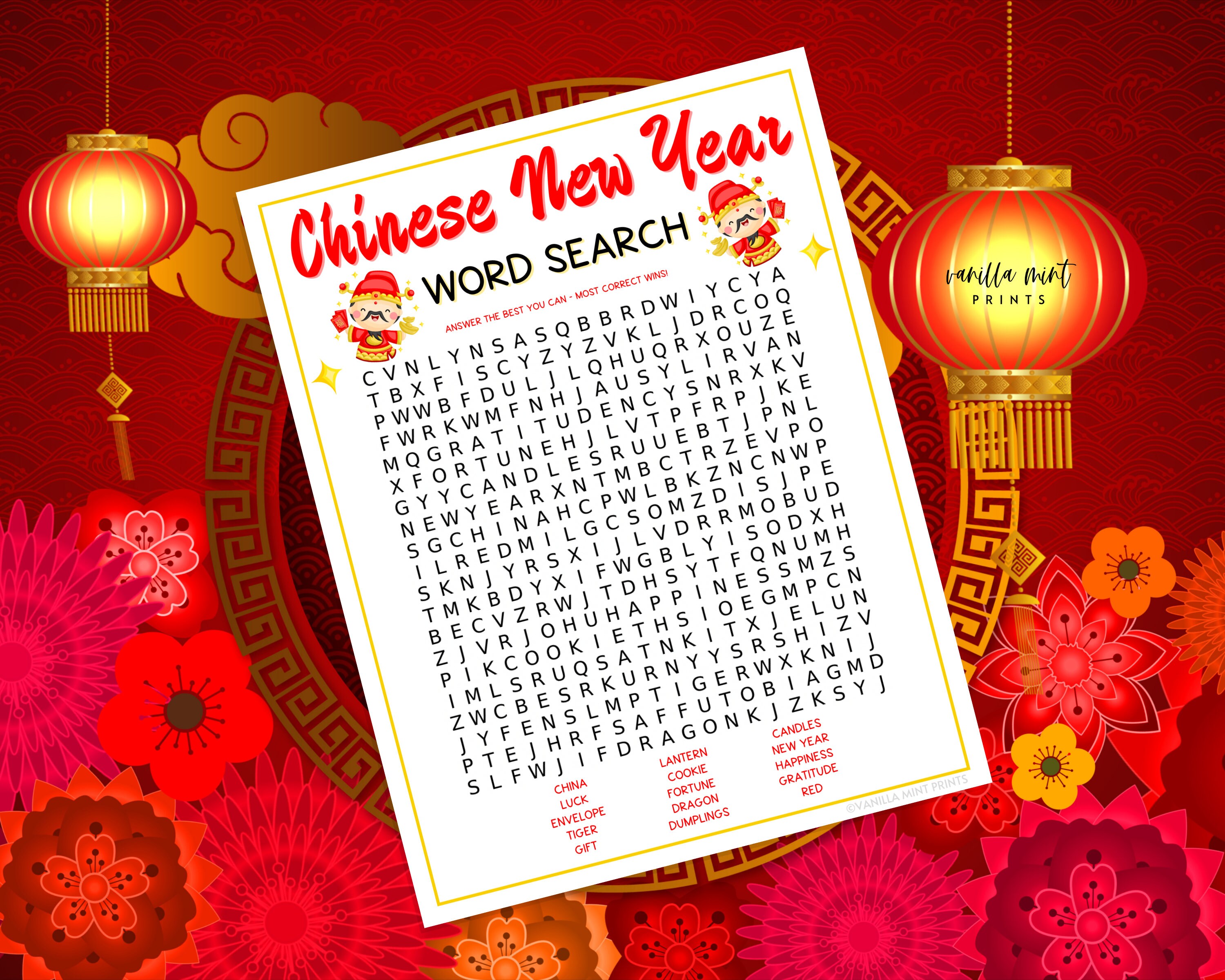 Chinese New Year Word Search Game Lunar New Year Printable Etsy