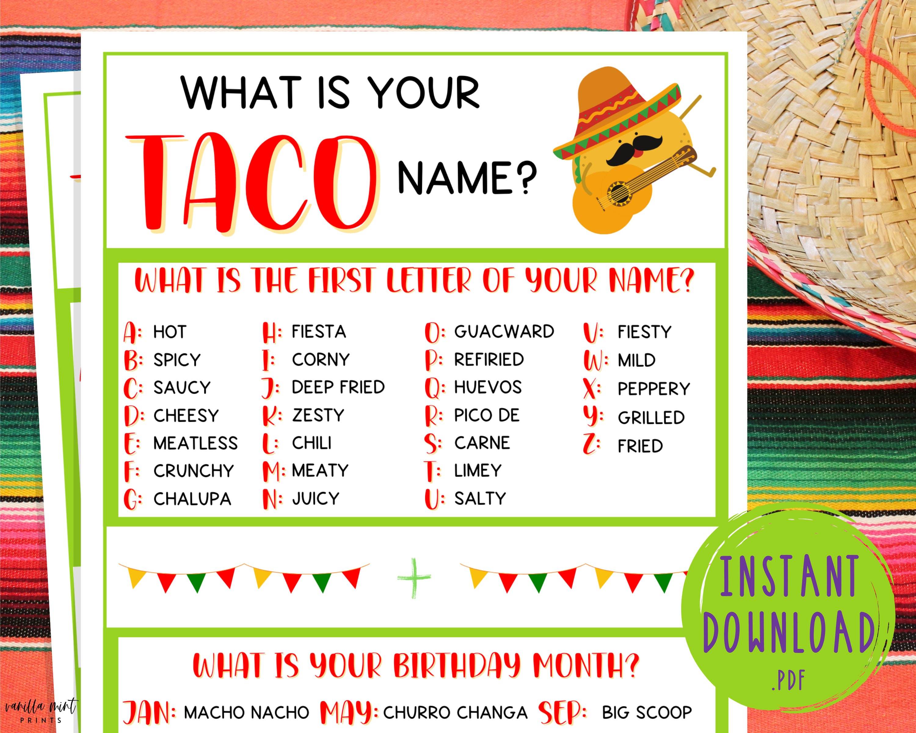 Whats Taco Name Game Cinco De Mexican Party Games Etsy
