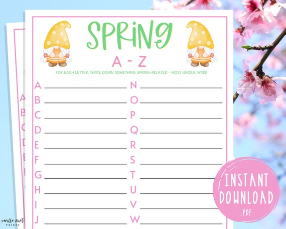 spring a z word puzzle printable springtime games party etsy