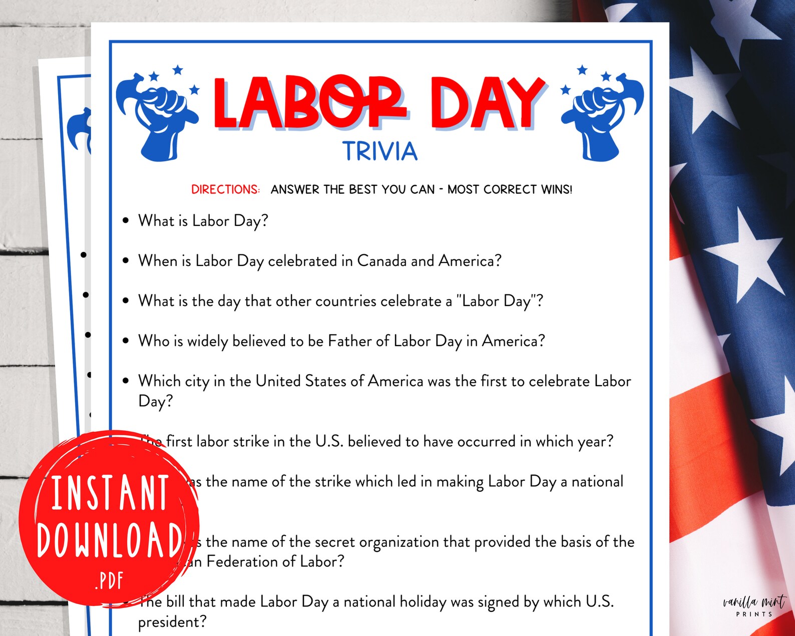 Labor Day Trivia Game Labor Day Printable Games America Etsy UK