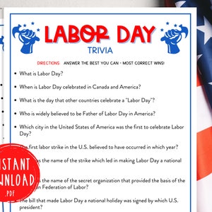 Labor Day Trivia Game | Labor Day Printable Games | America Trivia Game | USA | Labor Day Games | Patriotic Games | Patriotic Party