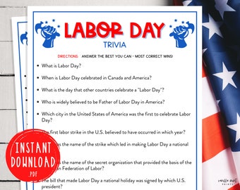 Labor Day Trivia Game | Labor Day Printable Games | America Trivia Game | USA | Labor Day Games | Patriotic Games | Patriotic Party