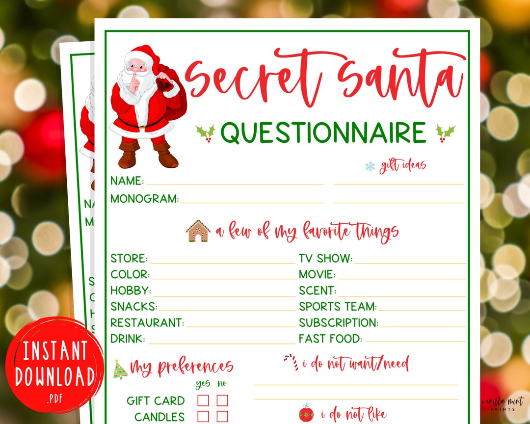 Secret Santa Questionnaire Christmas Printable Games Christmas Day Fun ...