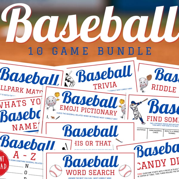 Baseball 10 Game BUNDLE | Printable Baseball Team Party Games | MLB Game Pack for Kids & Adults | World Series Activity | Baseball Birthday
