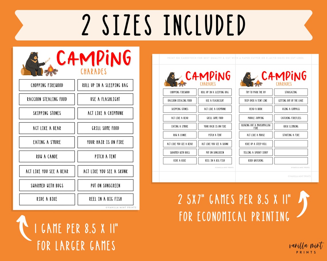 Camping Charades 33 Charade Ideas Printable Campground Party - Etsy
