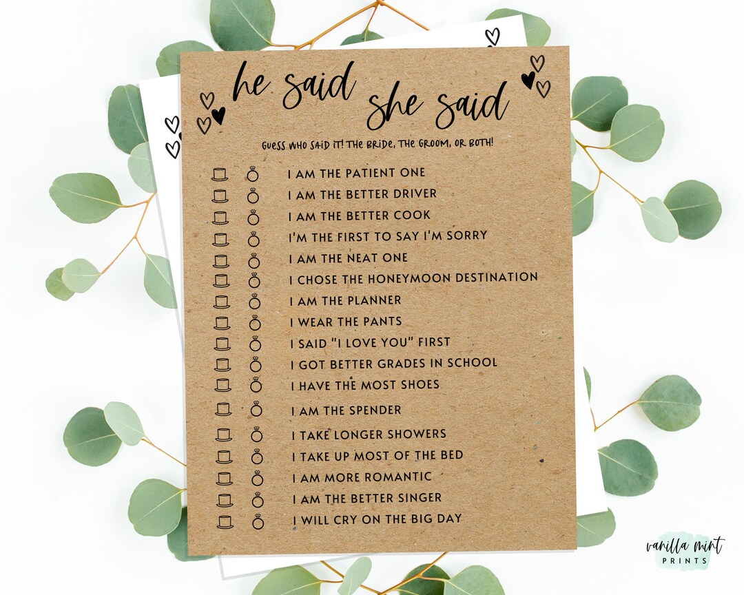 He Said She Said Bridal Shower Game Bridal Shower Games Who Said It