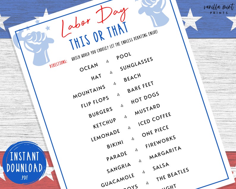 Labor Day This or That Game Labor Day Printable Games Etsy