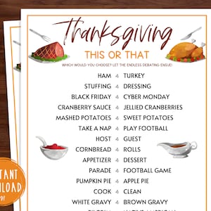 Thanksgiving This or That Game | Would You Rather Game | Thanksgiving Printable Games | Fun Thanksgiving Day Game | Friendsgiving Games