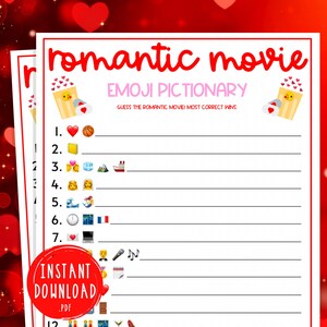 Valentine's Day Romantic Movie Emoji Pictionary Game Rom Com Fun Valentine's Day Printable Games Party Game for Kids & Adults Galentines Day
