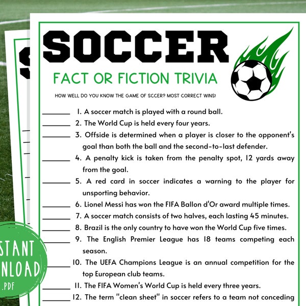 Soccer Fact or Fiction Trivia Game | Printable Soccer Team Party Game | Futbol Games for Kids & Adults | World Cup Activity | Kids Birthday