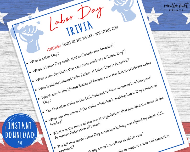 Labor Day Trivia Game Labor Day Printable Games America Etsy