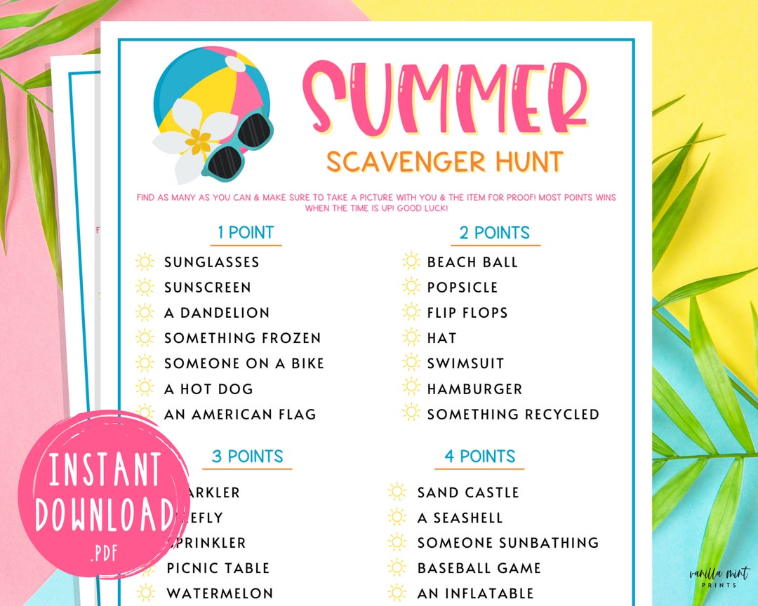 Summer Scavenger Hunt Game Printable Summertime Games Party Games