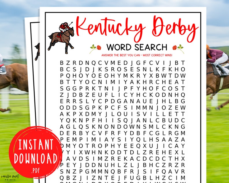 Jeu de recherche de mots Kentucky Derby Jeux de société triple couronne Course de chevaux Jeu de fête imprimable Derby Activité amusante pour adultes et enfants image 1