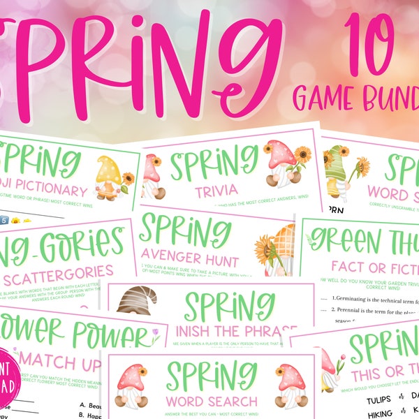 Frühling 10 Spiel BUNDLE | Lustiges druckbares Springtime Trivia und Party Games Pack | Lustige Frühlingsaktivitäten für Erwachsene und Kinder | Osterspiele