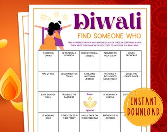Diwali Find Someone Who Game | Printable Festival of Lights Party Games | Activities for Adults & Kids | Fun Diwali Game | Hinduism | Hindu