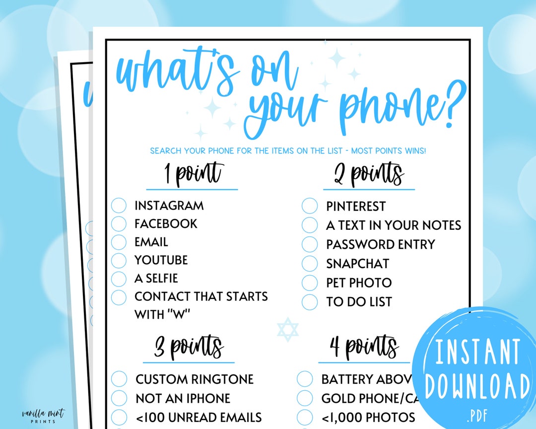 Bar Mitzvah Games What's on Your Phone Scavenger Hunt Birthday Party
