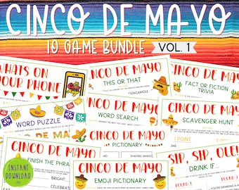 Cinco de Mayo Party Game BUNDLE Volume 1 | 10 Mexican Party Games | Ten Fun Cinco de Mayo Games | Games for Kids & Adults | Fiesta | Pack