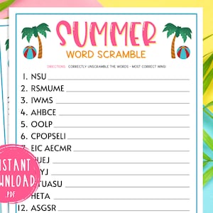 Juego de palabras de verano / Juegos de verano imprimibles / Juegos de fiesta / Actividades de verano para adultos y niños / Juegos divertidos de verano / Piscina en la playa