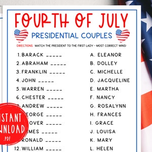Fourth of July Presidential Couples Game | 4th of July Printable Games | Independence Day Games | July 4th Party Games | Trivia | America